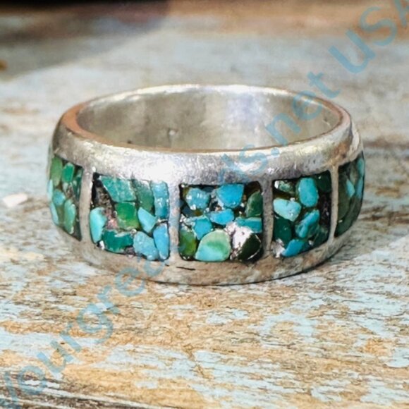 Vintage Smooth Sterling Silver Band Ring Turquoise Mosaic Size 9.5 - Picture 4 of 5